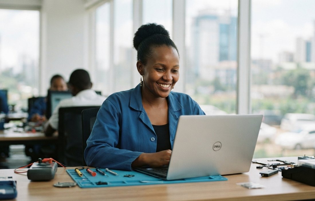 A technician testing a repaired laptop at her desk