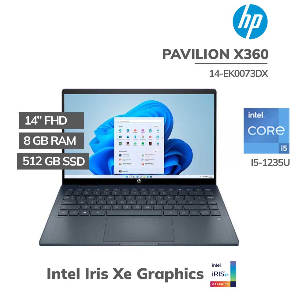HP Pavilion 14 x360 EK0073DX - Core i5-1235U, 8GB RAM, 512GB SSD, 14"FHD Touchscreen, Windows 11, Blue