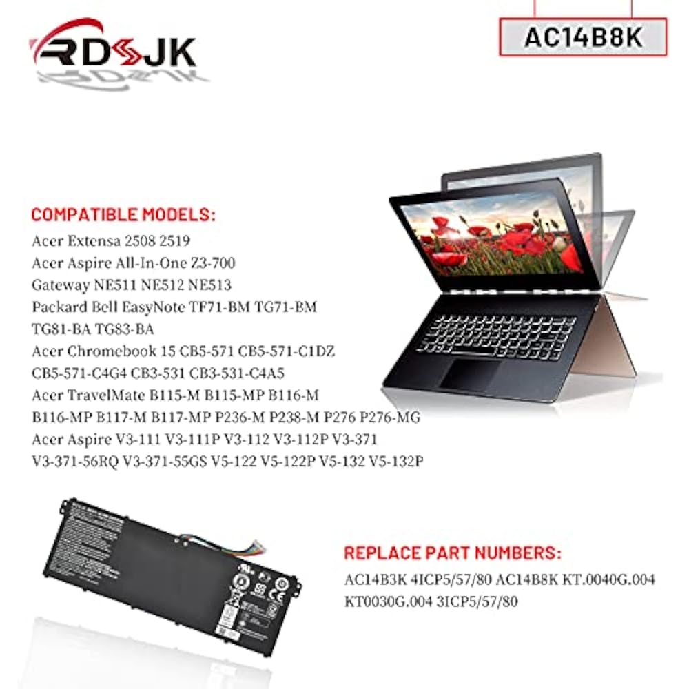 Acer AC14B8K Replacement Battery for Aspire R3/R5/R7, Chromebook & Swift 3 - Image 3