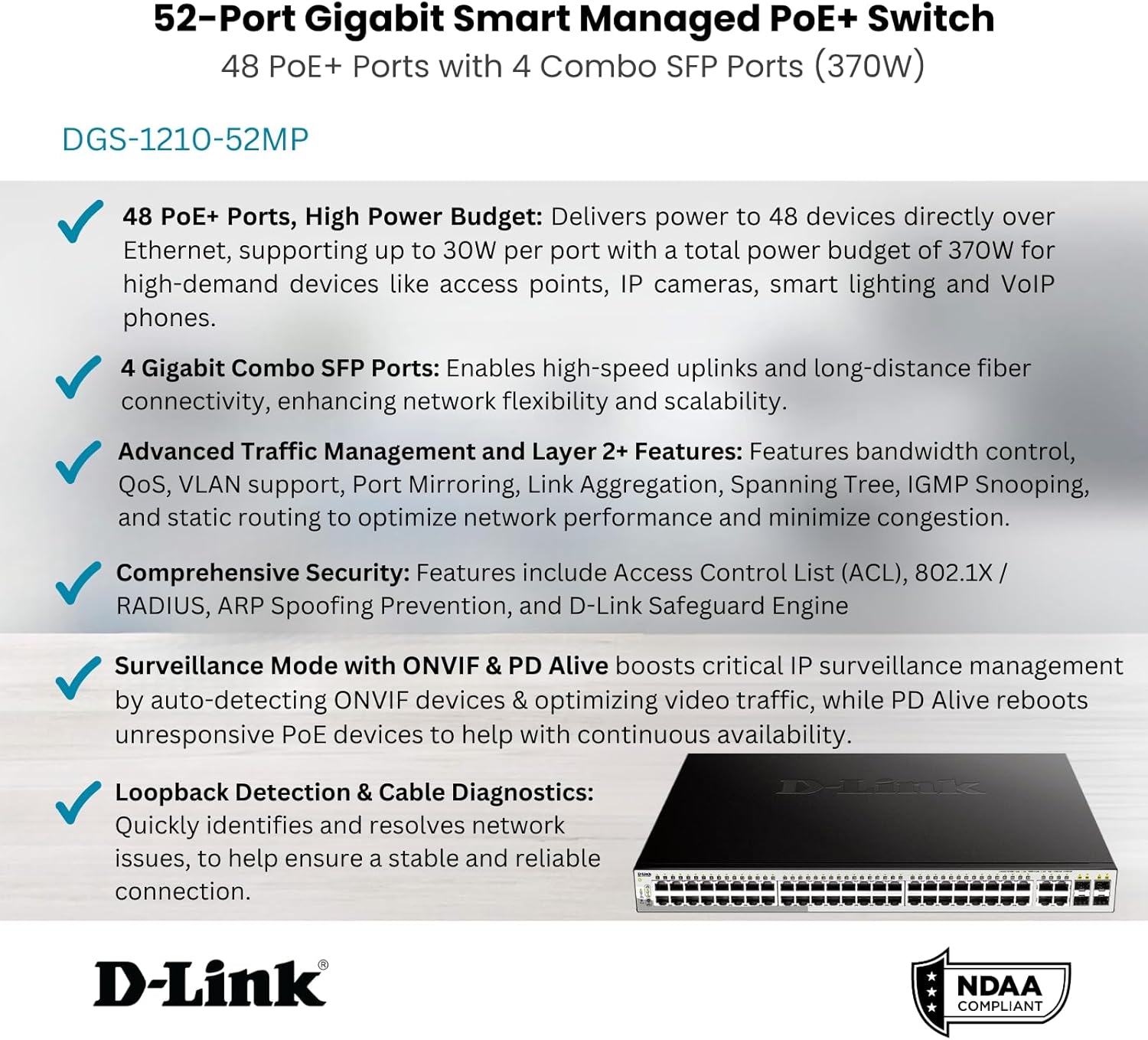 D-Link DGS-1210-52MPP 48-Port PoE Plus 4 Gigabit SFP Ports Web Smart Switch - Image 3
