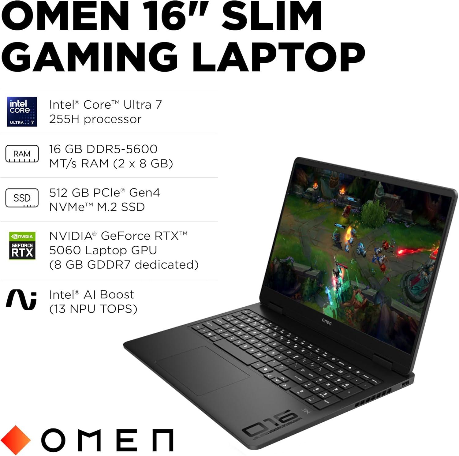 HP Omen Slim 16 Intel Core Ultra 7 255H 16GB RAM 1TB SSD RTX 5060 8GB 16" Non-Touch Shadow Black - Image 2