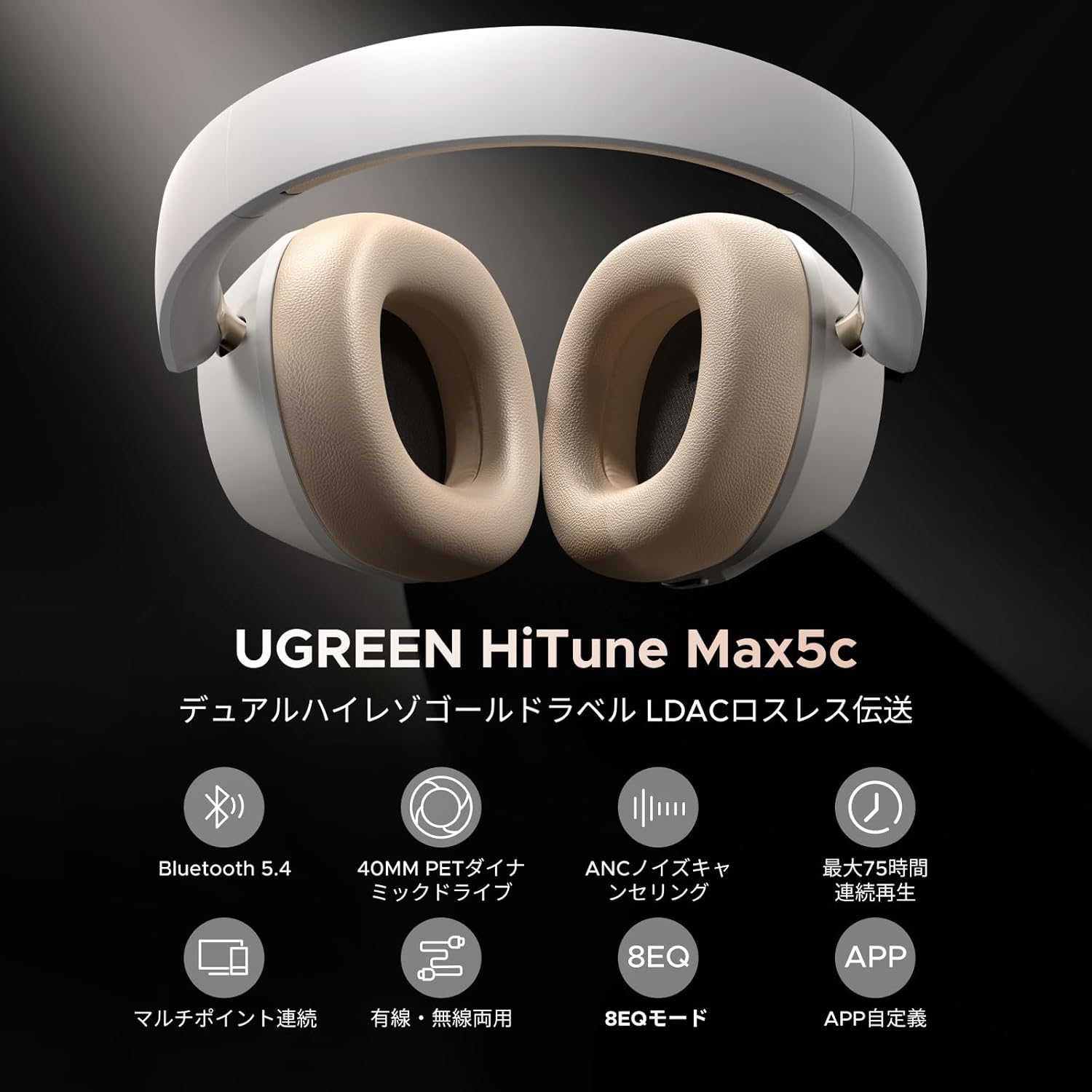 UGREEN HP203 HiTune Max5c Over-ear Bluetooth Headphone White - Image 2