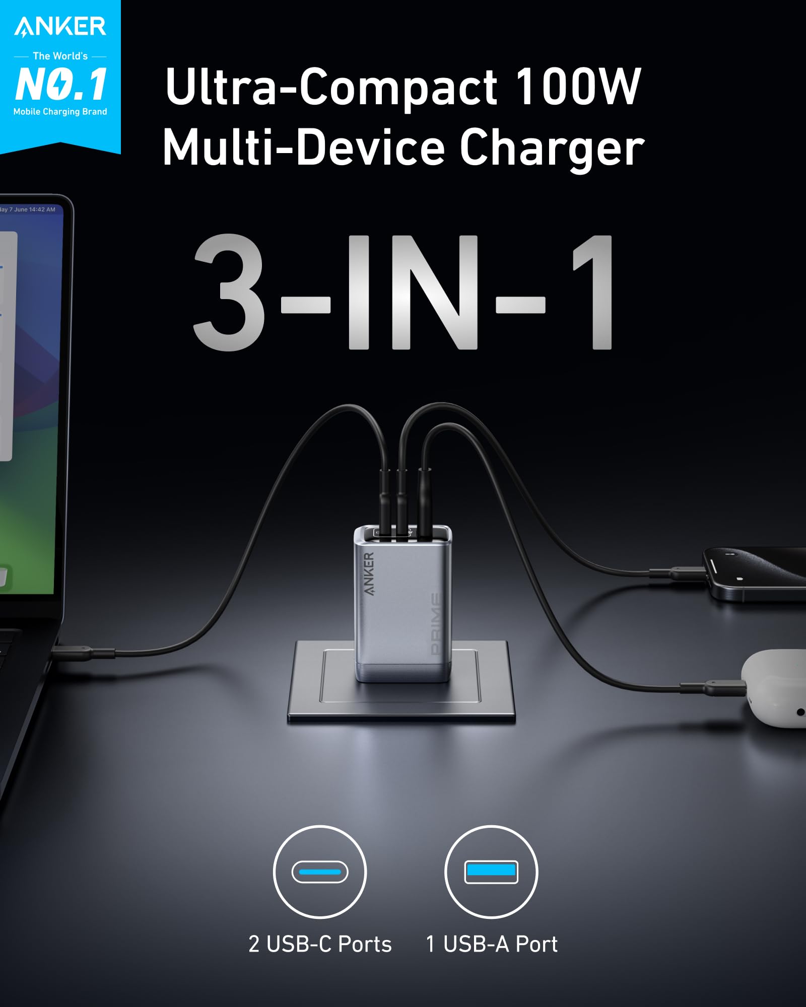 Anker Prime Charger (100W, 3 Ports, GaNPrime) Silver - Image 2