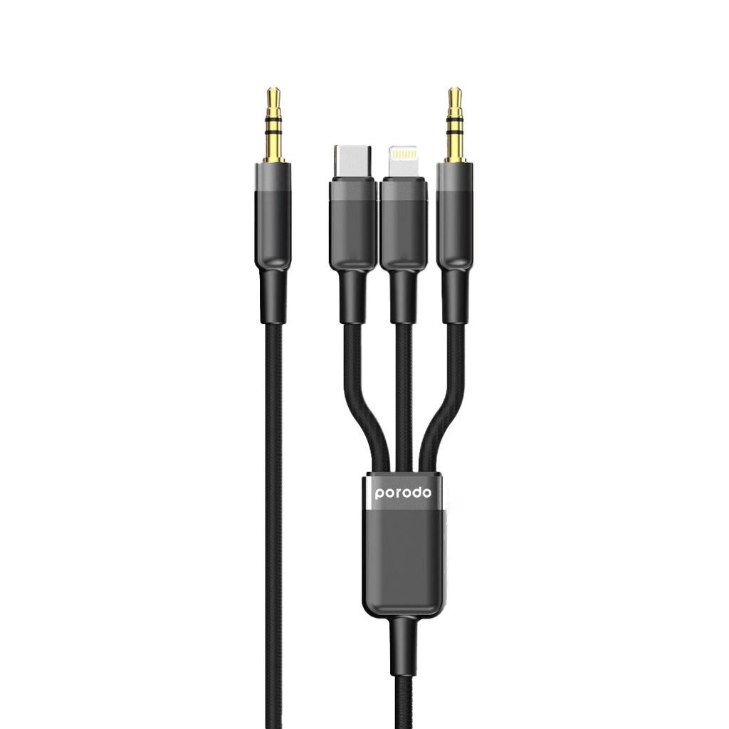 Porodo 3 in 1 Aux 3.5 to 3.5 + C + Lightning Cable 1.2m Black
