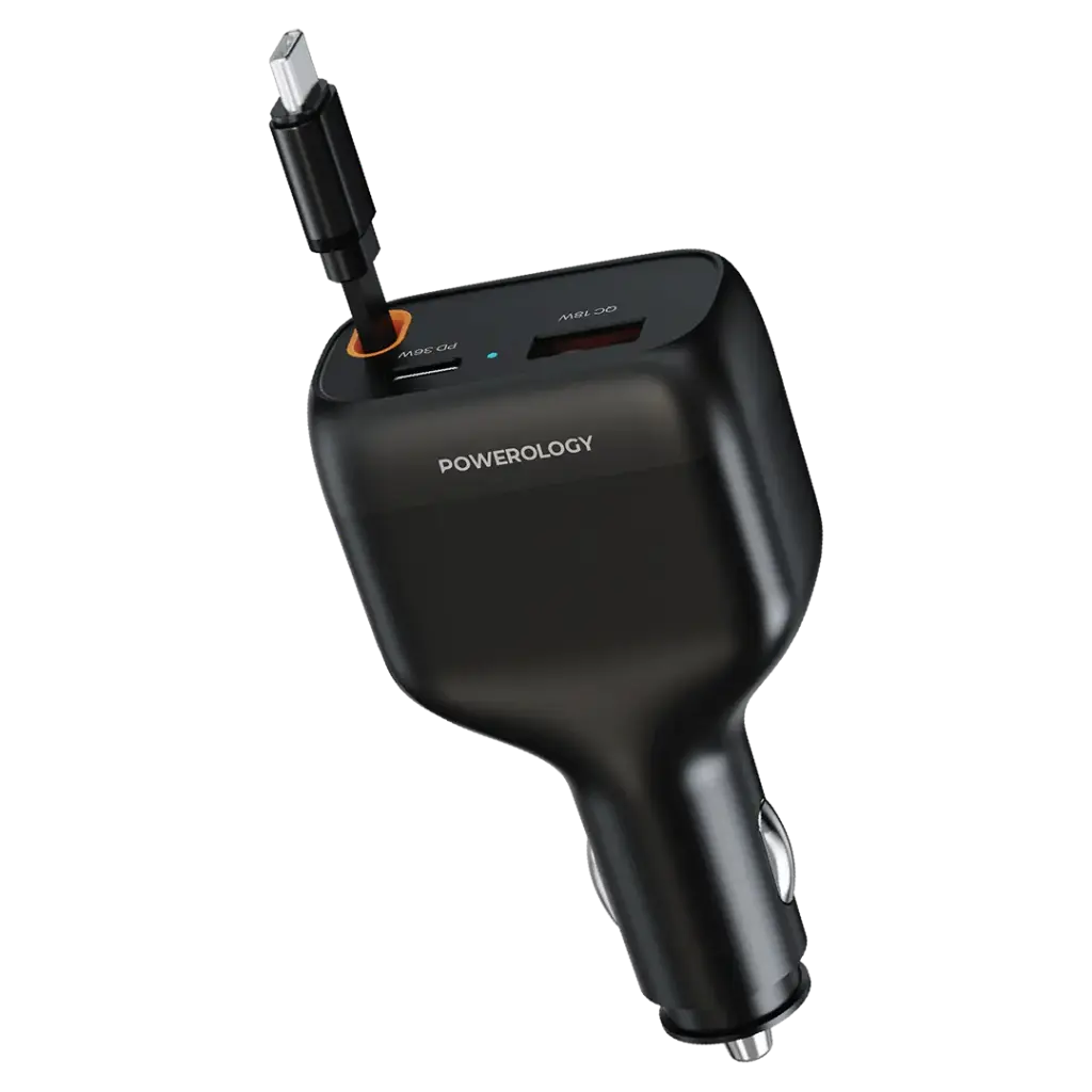 Powerology 81W Car Charger With Type C Retractable Cable Black